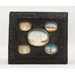 AN INDIAN CARVED WOOD BOX, the lid with with five ivory miniatures including The Taj Mahal. 7.5ins