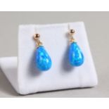 A PAIR OF 9CT GOLD GILSON BLACK OPAL DROP EARRINGS.