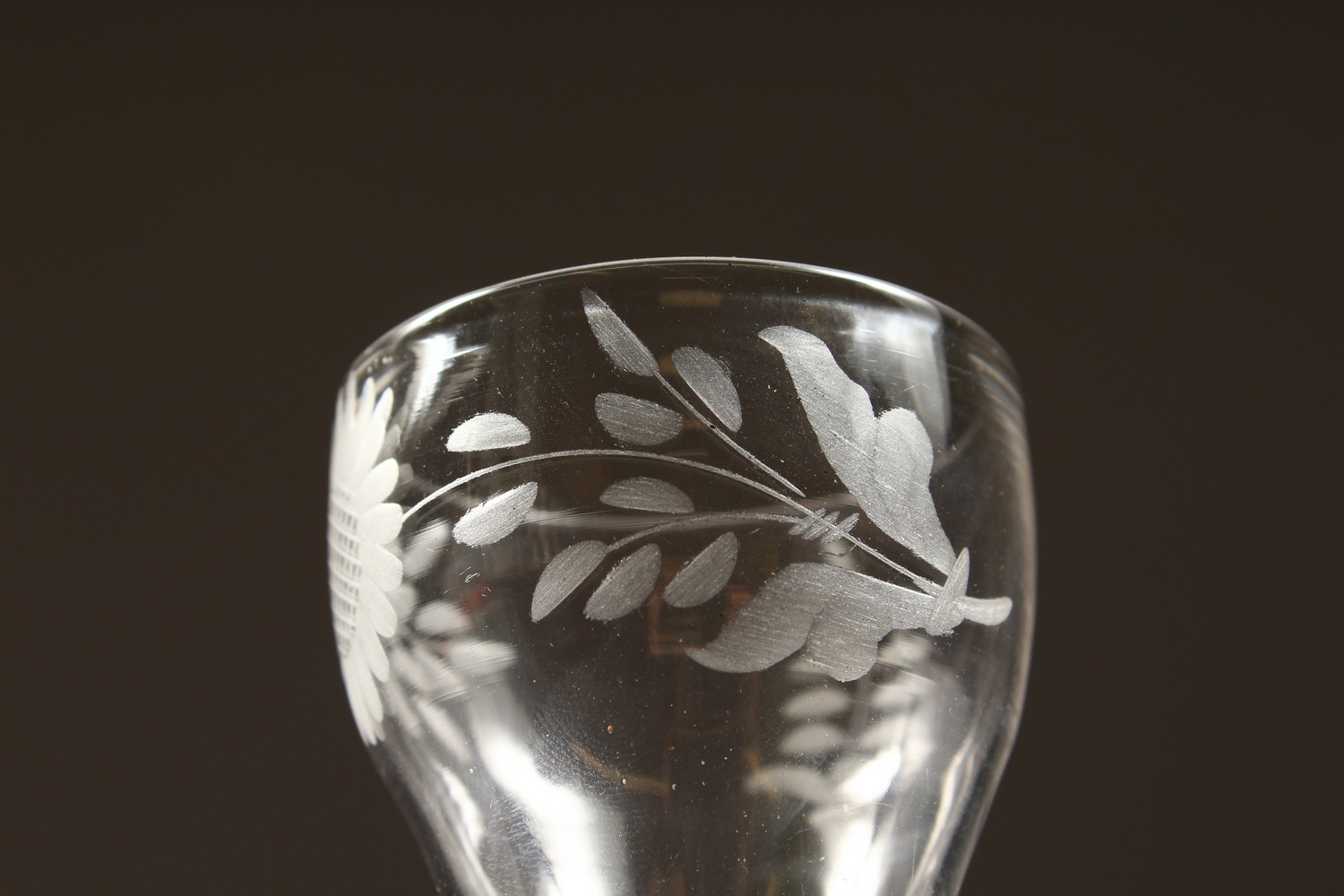 A GEORGIAN WINE GLASS, the bowl engraved with sunflowers, with white air twist stem. 5.5ins high. - Image 5 of 11