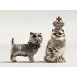 A CAST NOVELTY SILVER CAT AND DOG.
