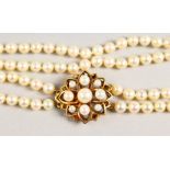 A TWO ROW PEARL NECKLACE with 9ct gold clasp.