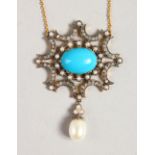 A 9CT GOLD AND SILVER SET TURQUOISE, PEARL AND DIAMOND PENDANT on a chain.