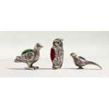 THREE NOVELTY SILVER BIRD PIN CUSHIONS.