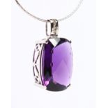 A SUPERB 14CT WHITE GOLD AND LARGE AMETHYST PENDANT NECKLACE.