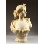 ITALIAN SCHOOL (CIRCA 1920). A SUPERB CARVED WHITE MARBLE BUST OF A YOUNG LADY "DIANA". Signed.