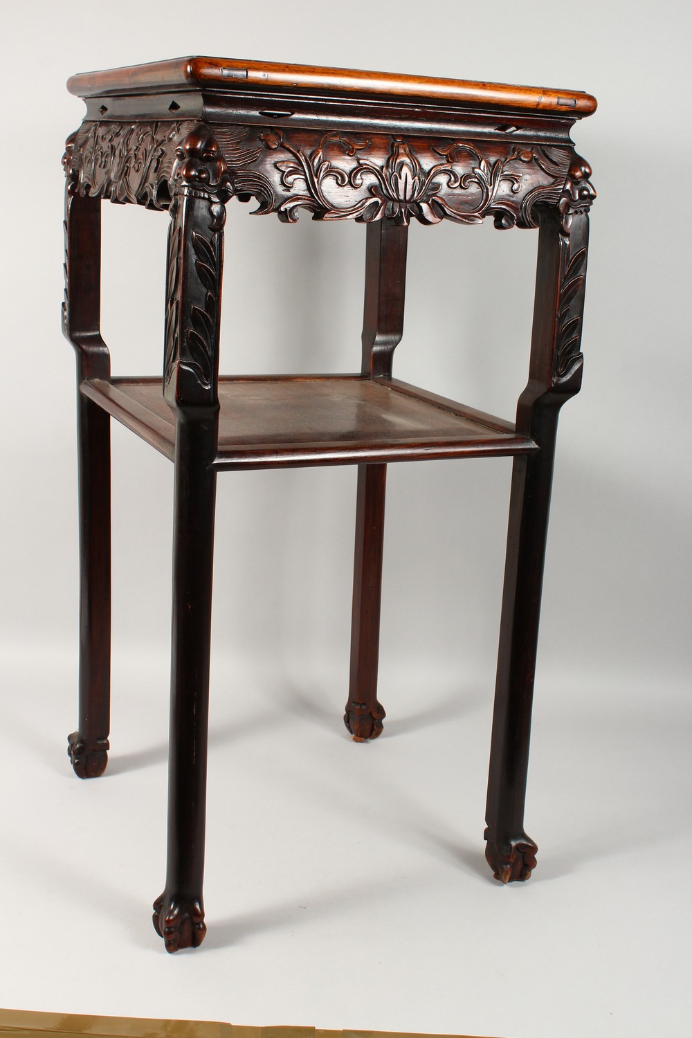 A GOOD CHINESE REDWOOD SQUARE TOP TWO TIER STAND with marble top, carved frieze and plain under - Image 12 of 16