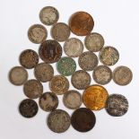 A QUANTITY OF SILVER THREEPENNY PIECES and other coins.