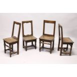 FOUR SMALL 18TH CENTURY OAK DINING CHAIRS, with framed backs, solid seats, on turned and stretchered