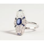 A 9CT GOLD SAPPHIRE AND DIAMOND ART DECO DESIGN RING.