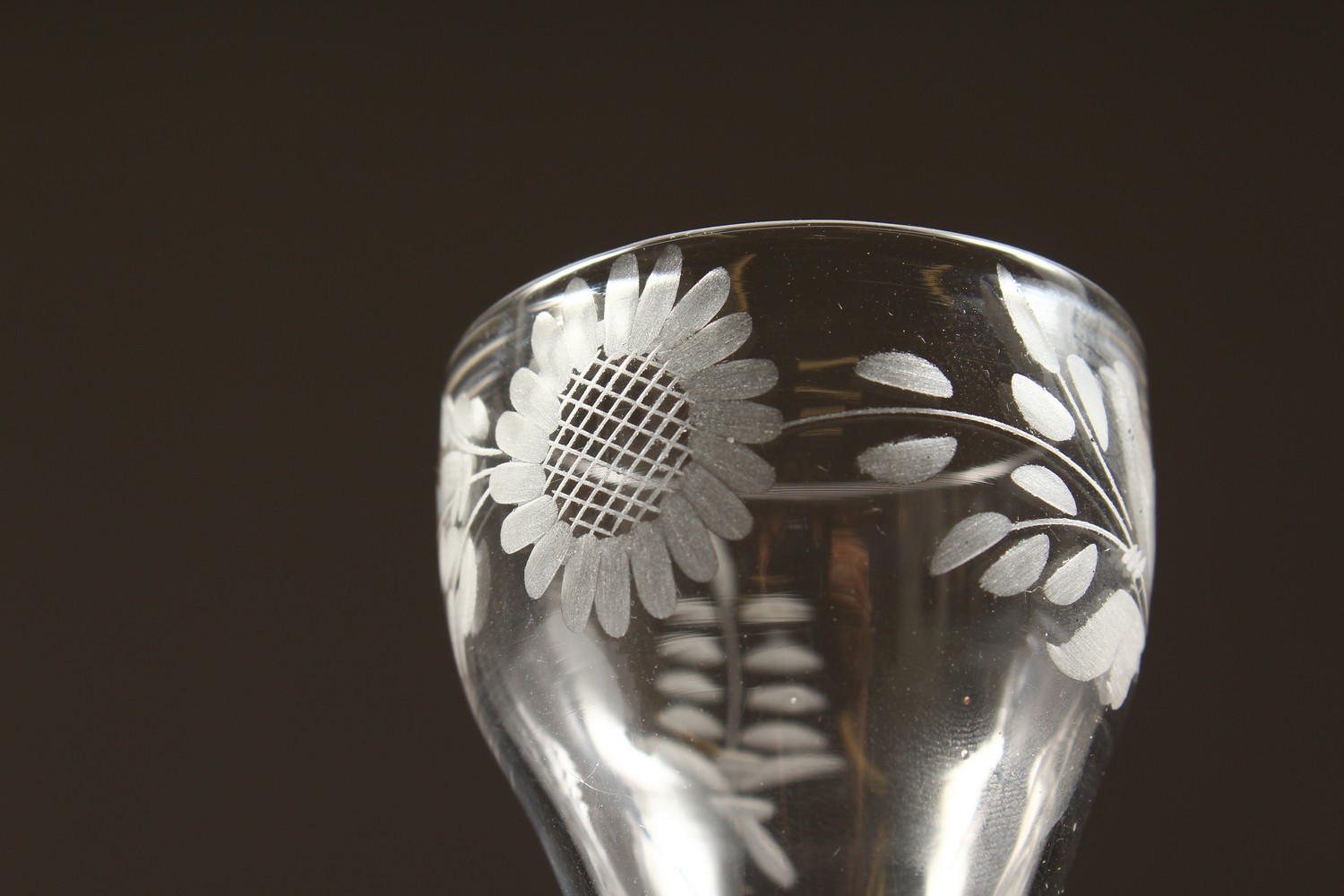 A GEORGIAN WINE GLASS, the bowl engraved with sunflowers, with white air twist stem. 5.5ins high. - Image 4 of 11