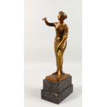 GEORGES MORIN (1874-1950) GERMAN. A GILDED BRONZE STANDING FIGURE OF A YOUNG LADY holding a frog