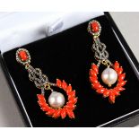 A PAIR OF 9CT GOLD AND SILVER CORAL, PEARL AND DIAMOND DROP EARRINGS.