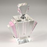 A HEAVY ART DECO DESIGN PLAIN AND PINK GLASS SCENT BOTTLE AND STOPPER.