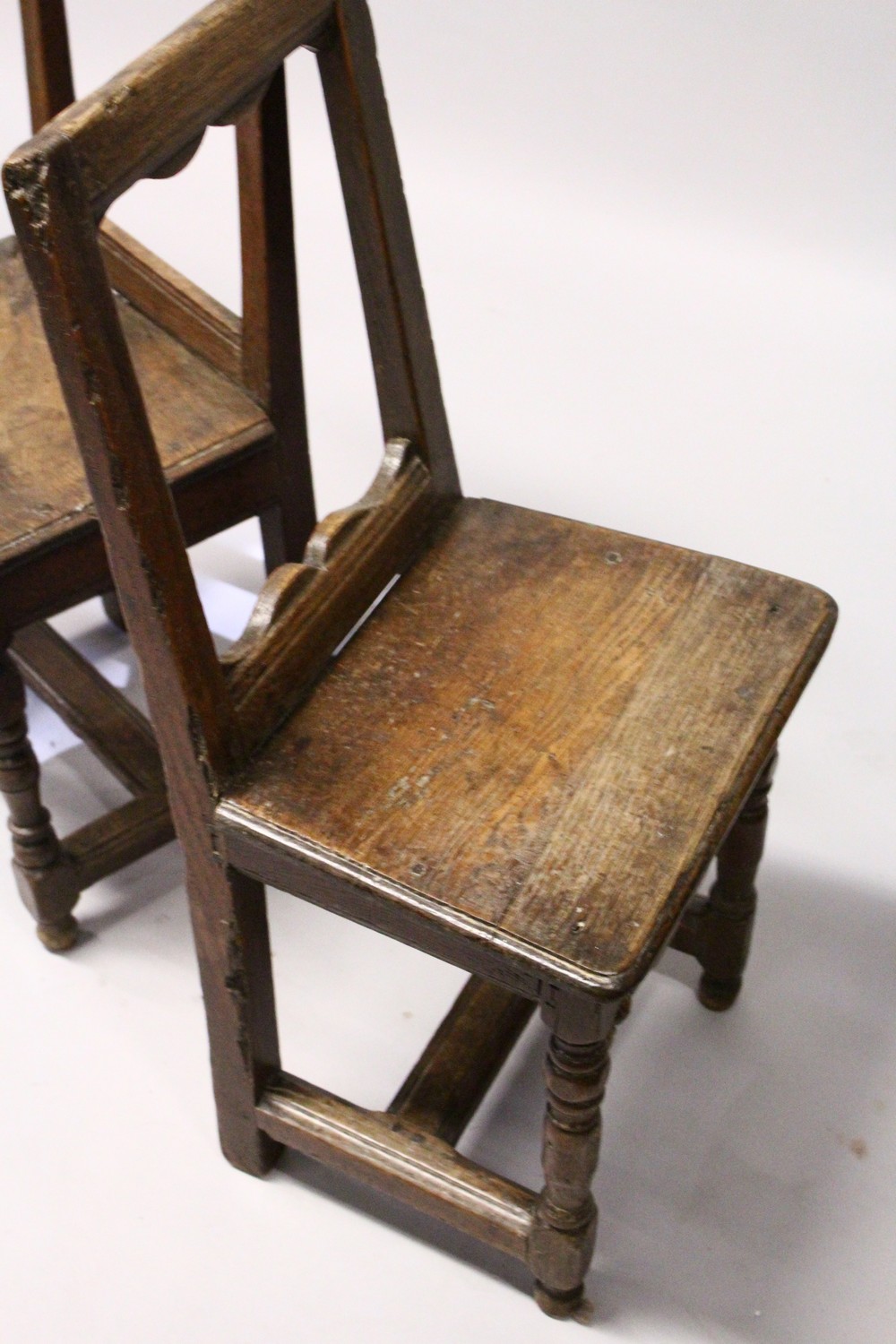FOUR SMALL 18TH CENTURY OAK DINING CHAIRS, with framed backs, solid seats, on turned and stretchered - Image 5 of 9
