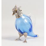 A SMALL BLUE GLASS AND PLATE PARROT CLARET JUG with plated head, hands and feet. 5.5ins high.