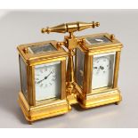 A MINIATURE BRASS CLOCK AND BAROMETER with carrying handle. 4ins high.