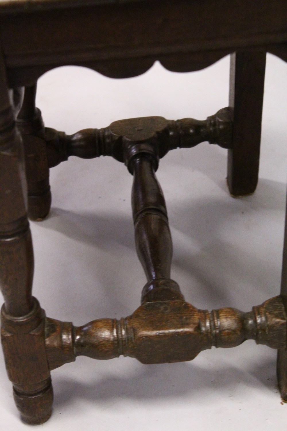 FOUR SMALL 18TH CENTURY OAK DINING CHAIRS, with framed backs, solid seats, on turned and stretchered - Image 6 of 9