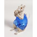 A VERY GOOD BLUE GLASS AND PLATE SQUIRREL CLARET JUG with plate head, arms and feet. 7ins high.