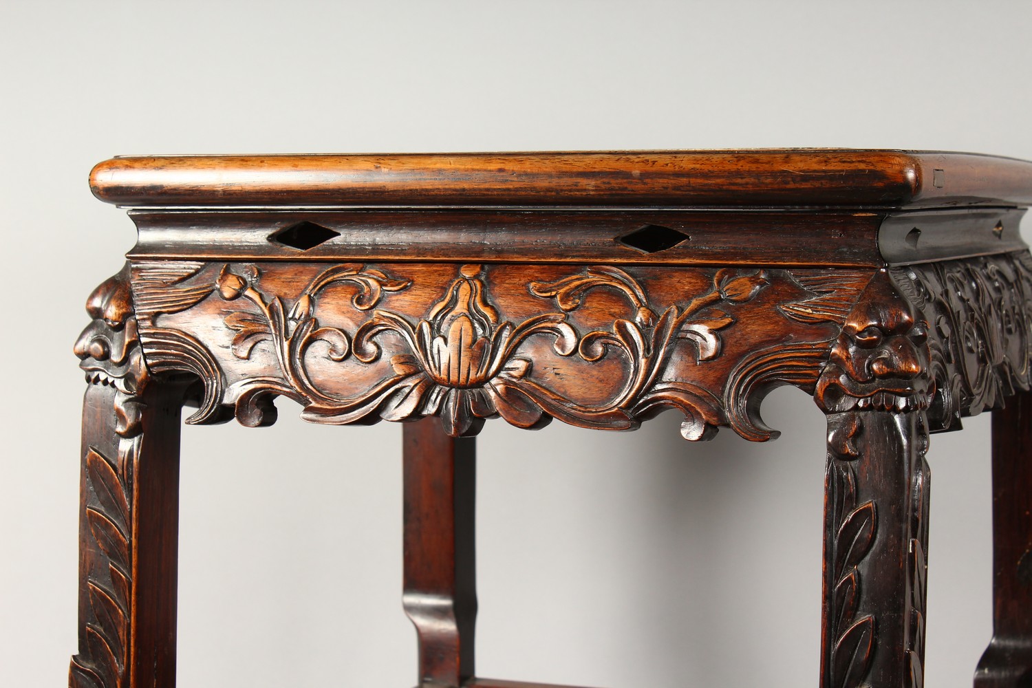 A GOOD CHINESE REDWOOD SQUARE TOP TWO TIER STAND with marble top, carved frieze and plain under - Image 2 of 16