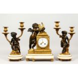 A VERY GOOD LOUIS XVITH BRONZE, ORMOLU AND WHITE MARBLE CLOCK GARNITURE, with eight day movement