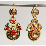 A PAIR OF DIAMOND AND ENAMEL DROP EARRINGS, large diamond and four other diamonds, the backs with