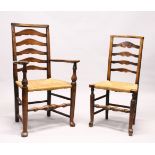 A MATCHED SET OF SIX 19TH CENTURY ASH AND ELM LADDER BACK DINING CHAIRS, two with arms, with rush