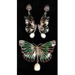 A SILVER AND ENAMEL PEARL BUTTERFLY BROOCH EARRINGS.