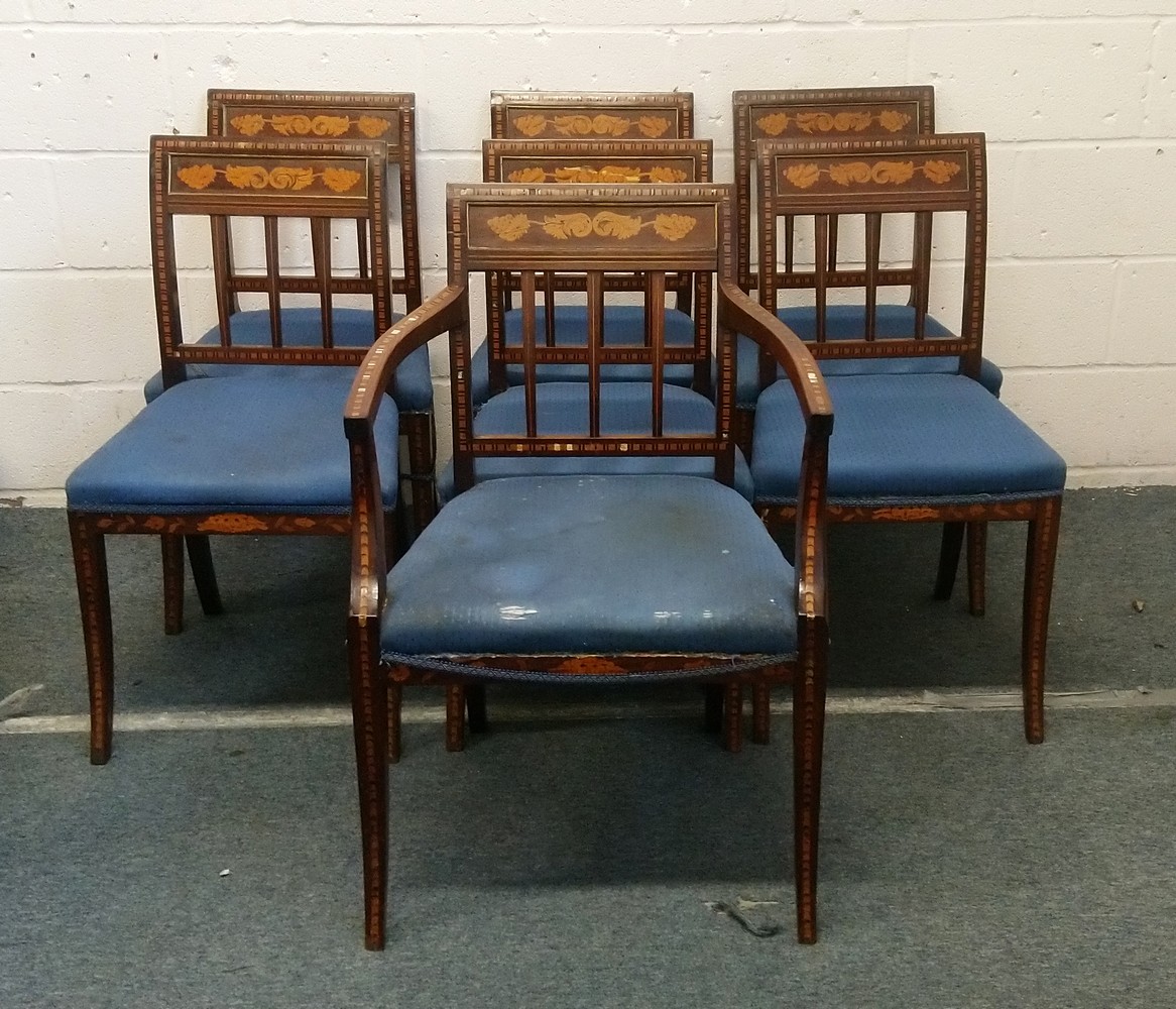 A SET OF SEVEN 19TH CENTURY DUTCH MAHOGANY AND MARQUETRY DINING CHAIRS, one with arms.