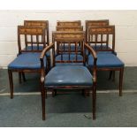 A SET OF SEVEN 19TH CENTURY DUTCH MAHOGANY AND MARQUETRY DINING CHAIRS, one with arms.