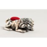 A CAST SILVER BULLDOG PIN CUSHION.