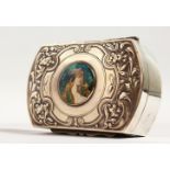 AN ART NOUVEAU SILVER BOX, the lid with an enamel of a young lady. Birmingham 1902. 5ins long.