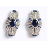 A PAIR OF 9CT GOLD SAPPHIRE AND DIAMOND ART DECO EARRINGS.