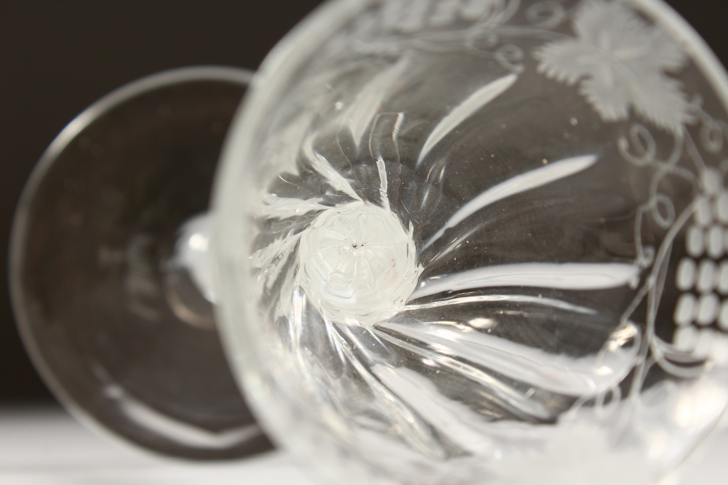 A GEORGIAN WINE GLASS, the fluted bowl engraved with flowers and butterflies, with white air twist - Image 11 of 13