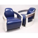 A PAIR OF STYLISH ART DECO STYLE BLUE LEATHER UPHOLSTERED ARMCHAIRS, with brushed metal frames.