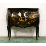 A GOOD LOUIS XVITH STYLE LACQUER BOMBE FRONTED COMMODE with white marble top, two deep drawers