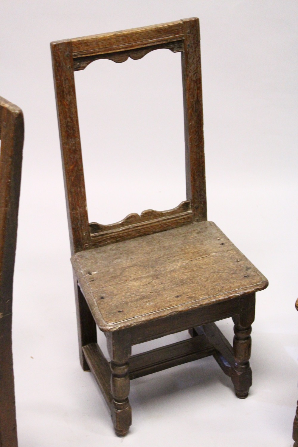 FOUR SMALL 18TH CENTURY OAK DINING CHAIRS, with framed backs, solid seats, on turned and stretchered - Image 3 of 9