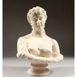 A WHITE MARBLE BUST OF A YOUNG GIRL. 13ins high.