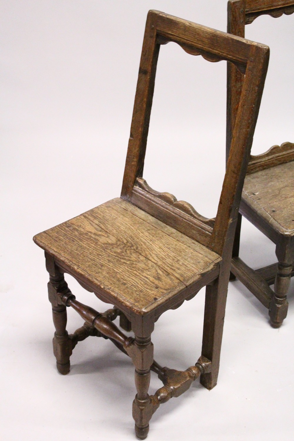 FOUR SMALL 18TH CENTURY OAK DINING CHAIRS, with framed backs, solid seats, on turned and stretchered - Image 2 of 9