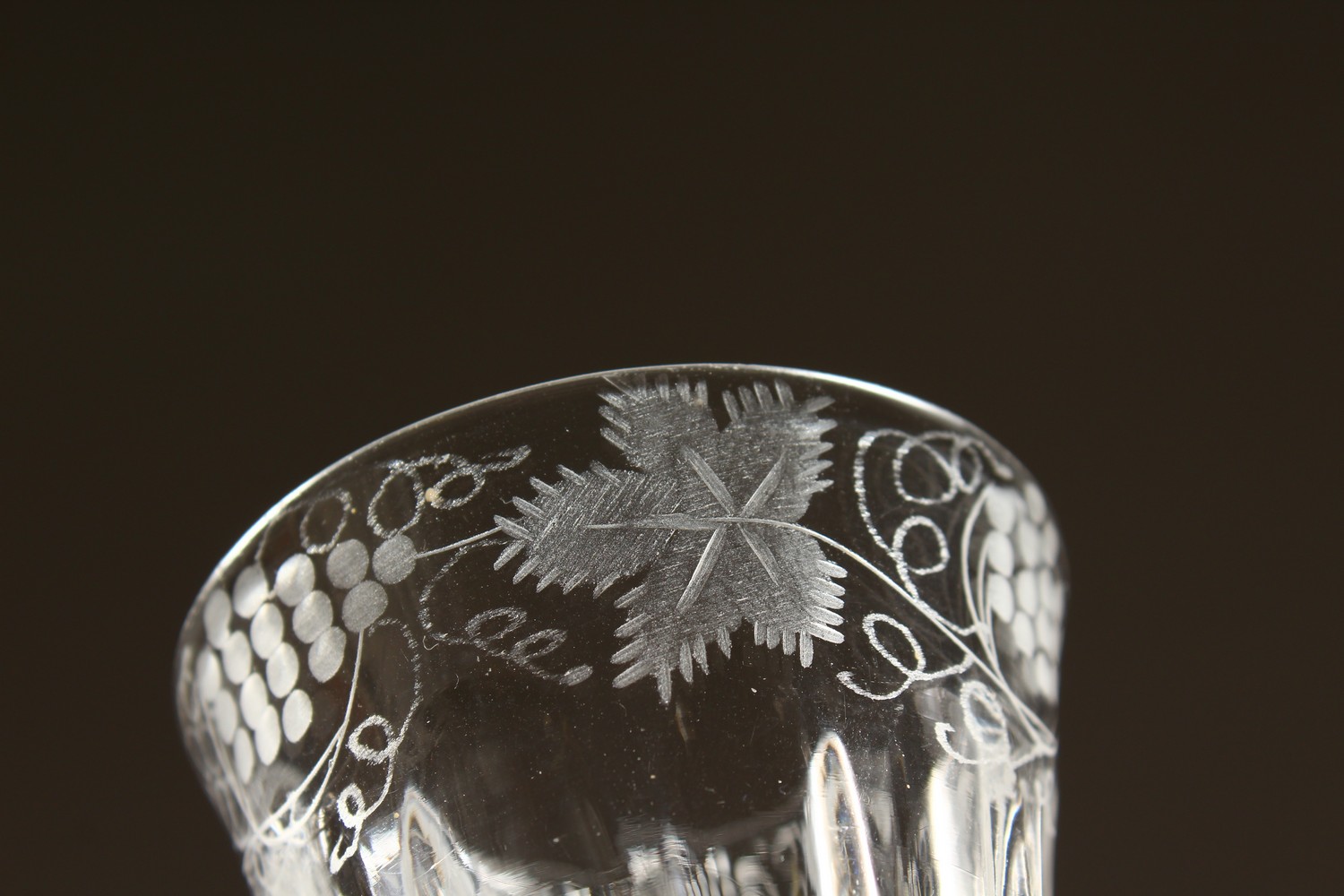 A GEORGIAN WINE GLASS, the fluted bowl engraved with flowers and butterflies, with white air twist - Image 5 of 13