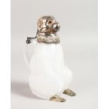 A VERY GOOD WHITE GLASS AND PLATE MONKEY CLARET JUG with plated head, arms and feet. 7ins high.