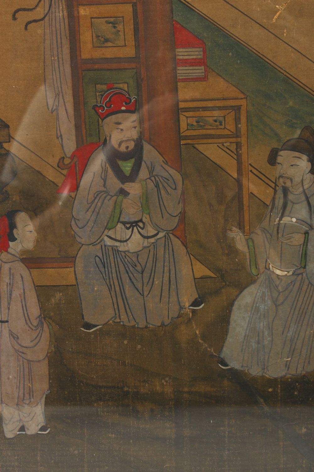 A PAIR OF POSSIBLY 18TH CENTURY CHINESE PAINTINGS ON SILK, framed depicting scenes of interior - Image 4 of 5