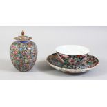 A GOOD CHINESE FAMILLE ROSE MILLEFLEUR PORCELAIN VASE & COVER TOGETHER WITH A BOWL AND SAUCER, the