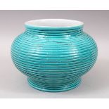 A GOOD CHINESE RIBBED TURQUOISE GLAZED PORCELAIN POT / JARDINIERE, The base with an impressed seal