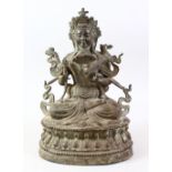 A GOOD 19TH CENTURY INDIAN BRONZE FIGURE OF BUDDHA / DEITY, the buddha seated upon a lotus base,