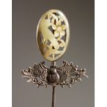 A GOOD CHINESE SILVER & JADE HAIR PIN, the pin formed from silver and bearing a chinese mark, the