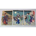 A GOOD JAPANESE MEIJI PERIOD CREPE PAPER TRIPTYCH WOODBLOCK PRINT BY KUNISADA, each of the three