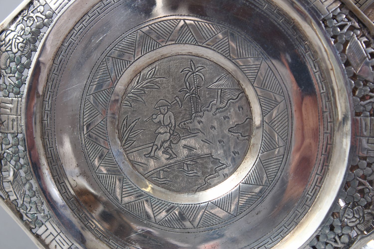 A SET OF FOUR 20TH CENTURY CHINESE FAMILLE ROSE PORCELAIN AND SILVER MOUNTED CUPS & SAUCERS, the - Image 3 of 8