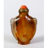 A GOOD 19TH / 20TH CENTURY CHINESE CARVED AGATE SNUFF BOTTLE, with twin moulded mask handles,