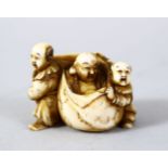 A GOOD JAPANESE MEIJI PERIOD CARVED IVORY NETSUKE OF HOTEI AND ATTENDANTS, hotei seated central