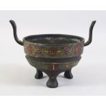 A GOOD CHINESE 19TH CENTURY OR EARLIER CLOISONNE TRIPOD CENSER, the censer with cloisonne band
